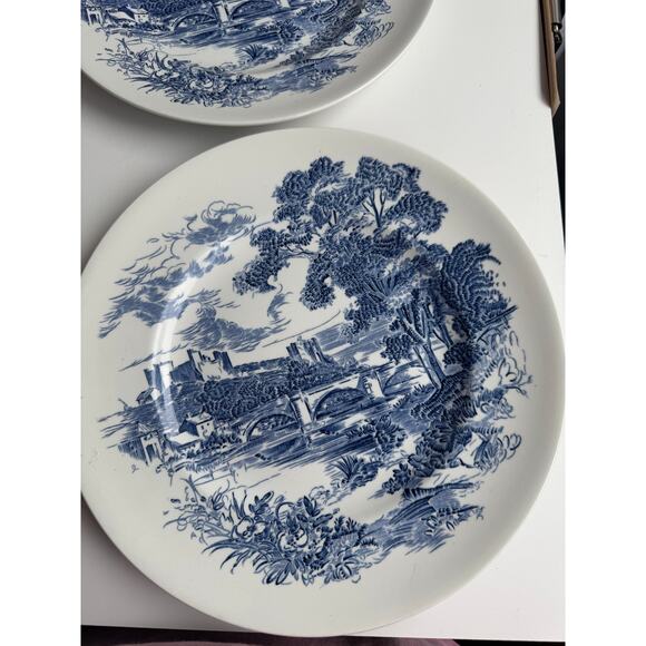 Vintage Wedgwood Dinner Plates Set of 4 Blue Transferware "Countryside" Pattern - Picture 8 of 15